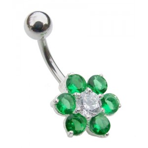Small Sterling Silver Flower Belly Bar - Green
